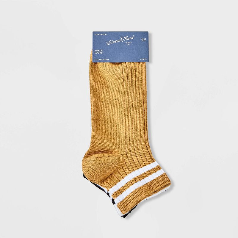 slide 2 of 3, Women's Varsity Striped Ribbed 3pk Ankle Socks - Universal Thread™ Gold/White/Black 4-10: Tagless, 3 ct