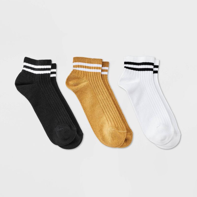 slide 1 of 3, Women's Varsity Striped Ribbed 3pk Ankle Socks - Universal Thread™ Gold/White/Black 4-10: Tagless, 3 ct