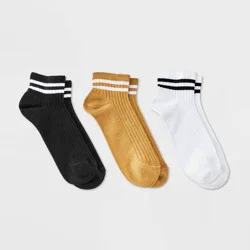 Women's Varsity Striped Ribbed 3pk Ankle Socks - Universal Thread™ Gold/White/Black 4-10: Tagless