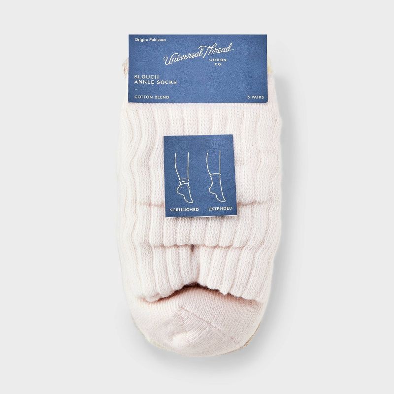 slide 3 of 4, Women's Short Slouch 3pk Ankle Socks - Universal Thread™ Pink/Ivory/Oatmeal Heather 4-10: Cotton Blend, Tagless, Seamless Toe, 3 ct