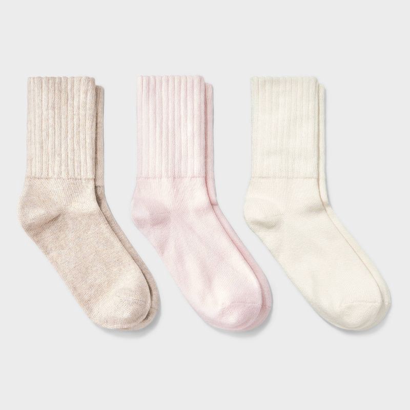 slide 1 of 4, Women's Short Slouch 3pk Ankle Socks - Universal Thread™ Pink/Ivory/Oatmeal Heather 4-10: Cotton Blend, Tagless, Seamless Toe, 3 ct