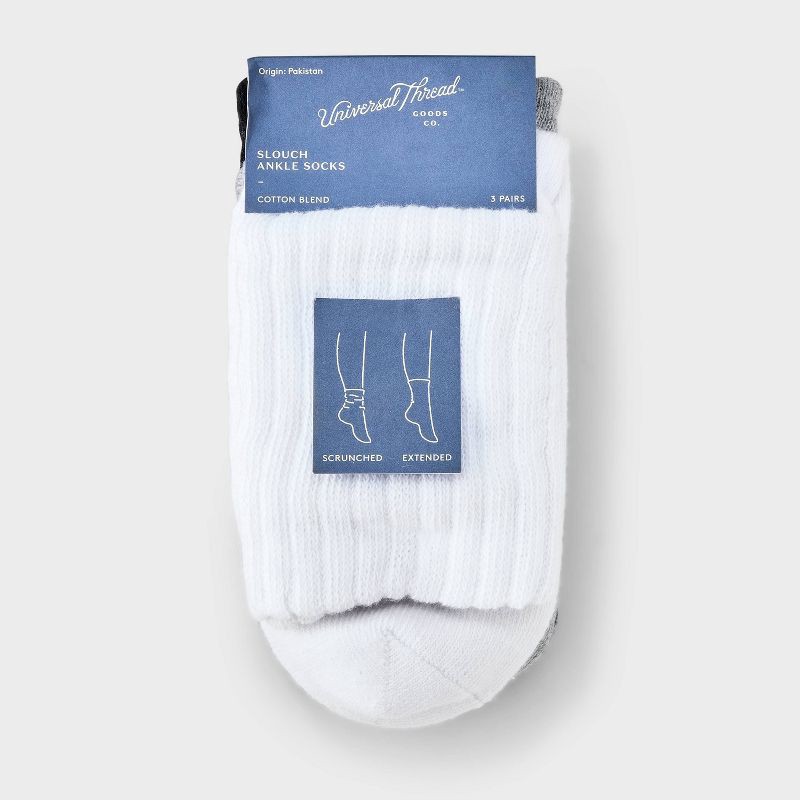 slide 3 of 4, Women's Short Slouch 3pk Ankle Socks - Universal Thread™ White/Heather Gray/Black 4-10: Cotton Blend, Tagless, Seamless Toe, 3 ct