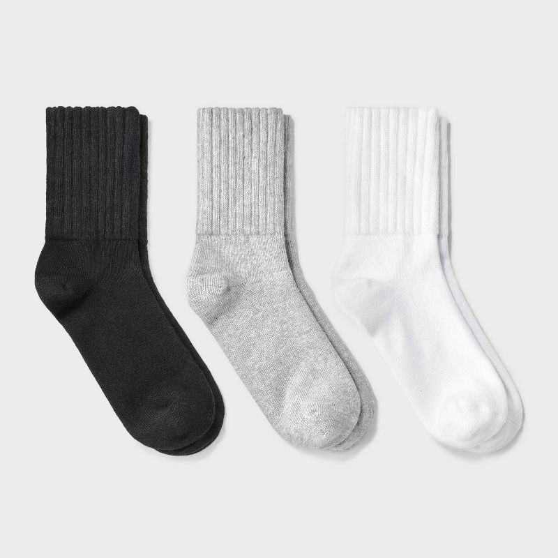 slide 1 of 4, Women's Short Slouch 3pk Ankle Socks - Universal Thread™ White/Heather Gray/Black 4-10: Cotton Blend, Tagless, Seamless Toe, 3 ct