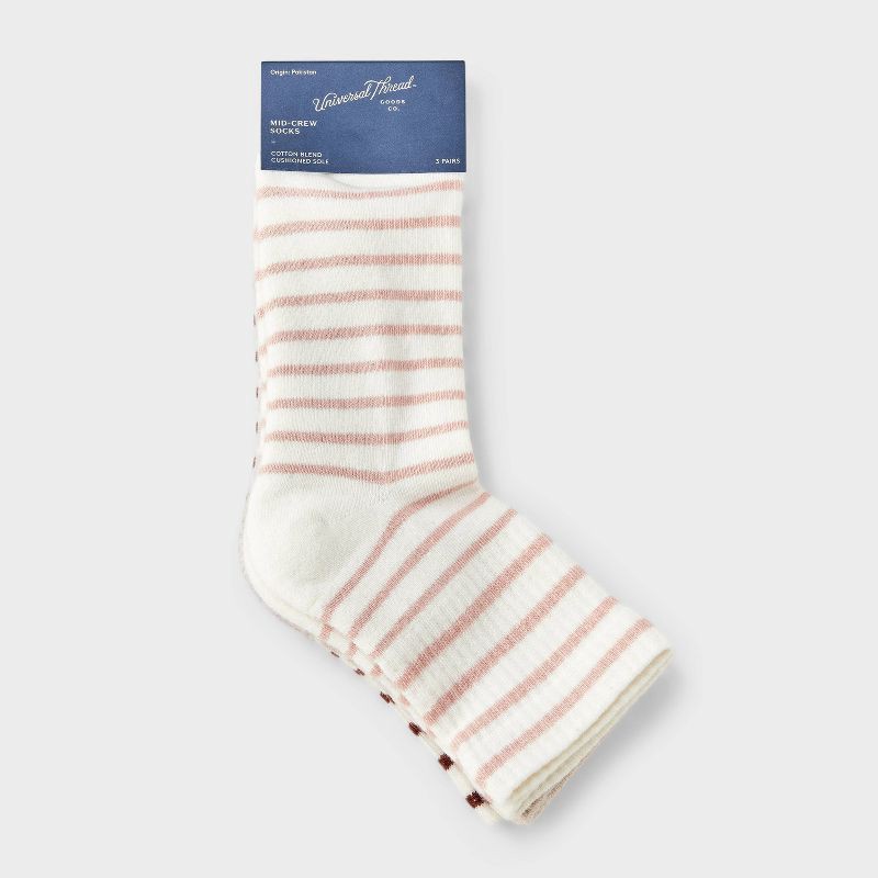 slide 2 of 3, Women's Striped Cushioned 3pk Mid Crew Socks - Universal Thread™ Pink/Oatmeal Heather/Rose 4-10: Cotton Blend, Knit, Smooth Toe Seams, 3 ct