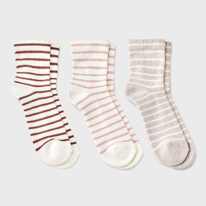 slide 1 of 3, Women's Striped Cushioned 3pk Mid Crew Socks - Universal Thread™ Pink/Oatmeal Heather/Rose 4-10: Cotton Blend, Knit, Smooth Toe Seams, 3 ct