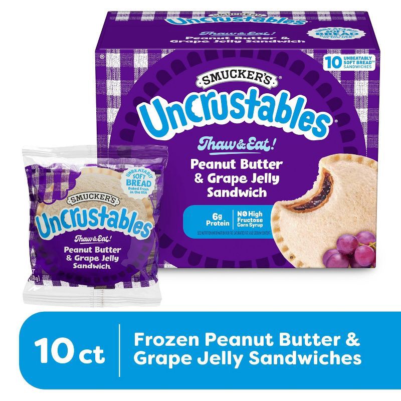 slide 3 of 10, Smucker's Uncrustables Frozen Peanut Butter & Grape Jelly Sandwich - 20oz/10ct, 10 ct; 20 oz