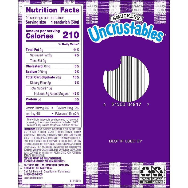 slide 7 of 10, Smucker's Uncrustables Frozen Peanut Butter & Grape Jelly Sandwich - 20oz/10ct, 10 ct; 20 oz