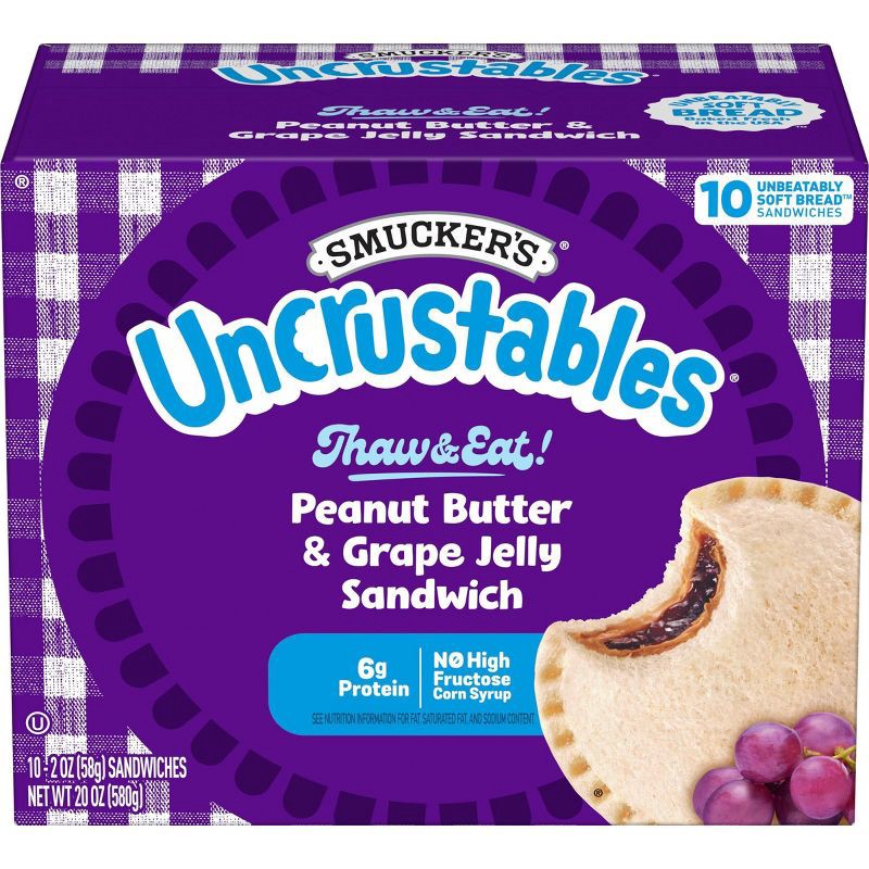 slide 1 of 10, Smucker's Uncrustables Frozen Peanut Butter & Grape Jelly Sandwich - 20oz/10ct, 10 ct; 20 oz