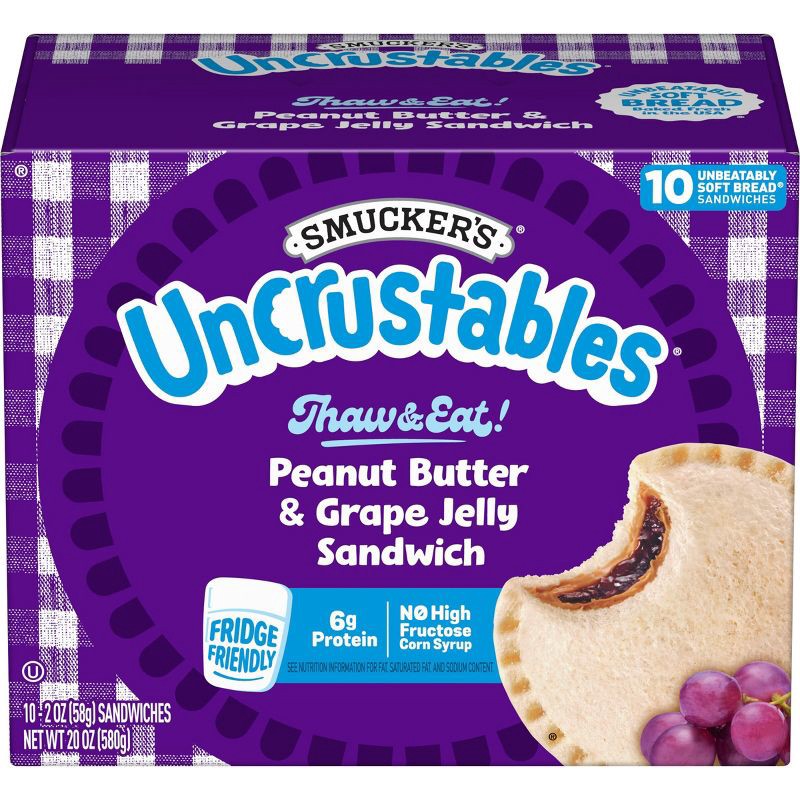 slide 1 of 9, Smucker's Uncrustables Frozen Peanut Butter & Grape Jelly Sandwich - 20oz/10ct, 10 ct; 20 oz