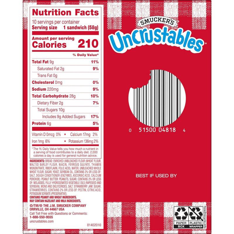 slide 7 of 10, Smucker's Uncrustables Frozen Peanut Butter & Strawberry Jam Sandwich - 20oz/10ct, 10 ct; 20 oz