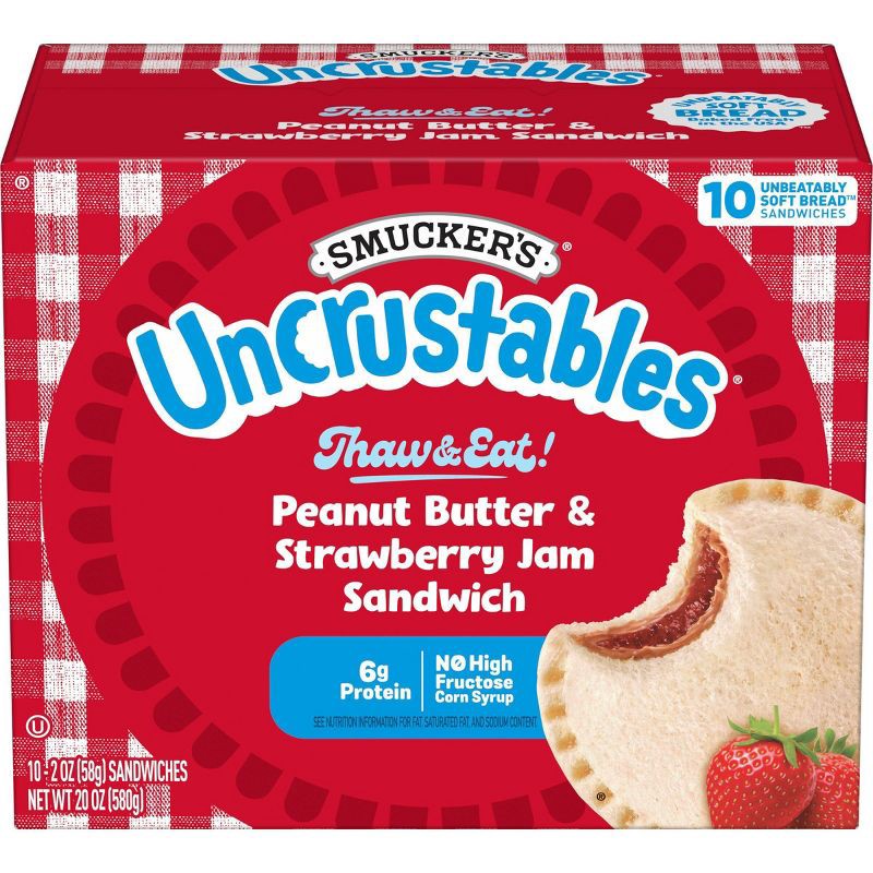 slide 1 of 10, Smucker's Uncrustables Frozen Peanut Butter & Strawberry Jam Sandwich - 20oz/10ct, 10 ct; 20 oz