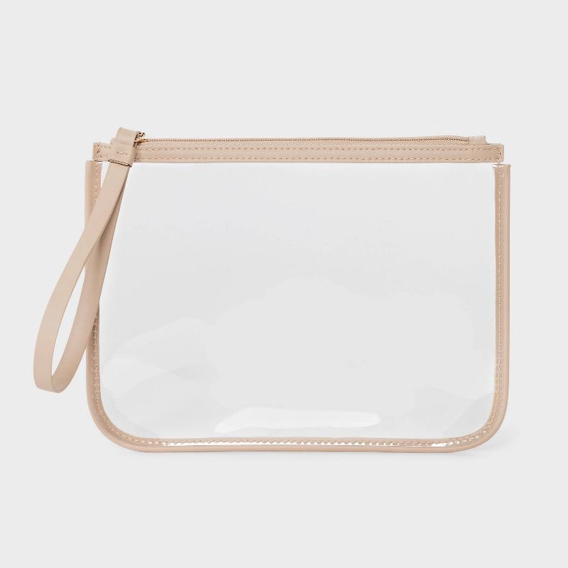 slide 1 of 4, Clear Pouch Wristlet - A New Day™ Tan: Faux Leather TPU, Zip Closure, Unstructured Design, 1 ct