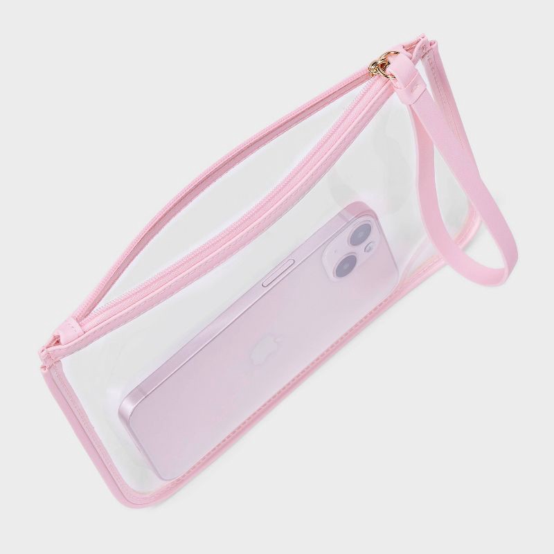 slide 3 of 4, Clear Pouch Wristlet - A New Day™ Pink: TPU Shell, Zip Closure, Faux Leather, 8.75"x6.375", 1 ct