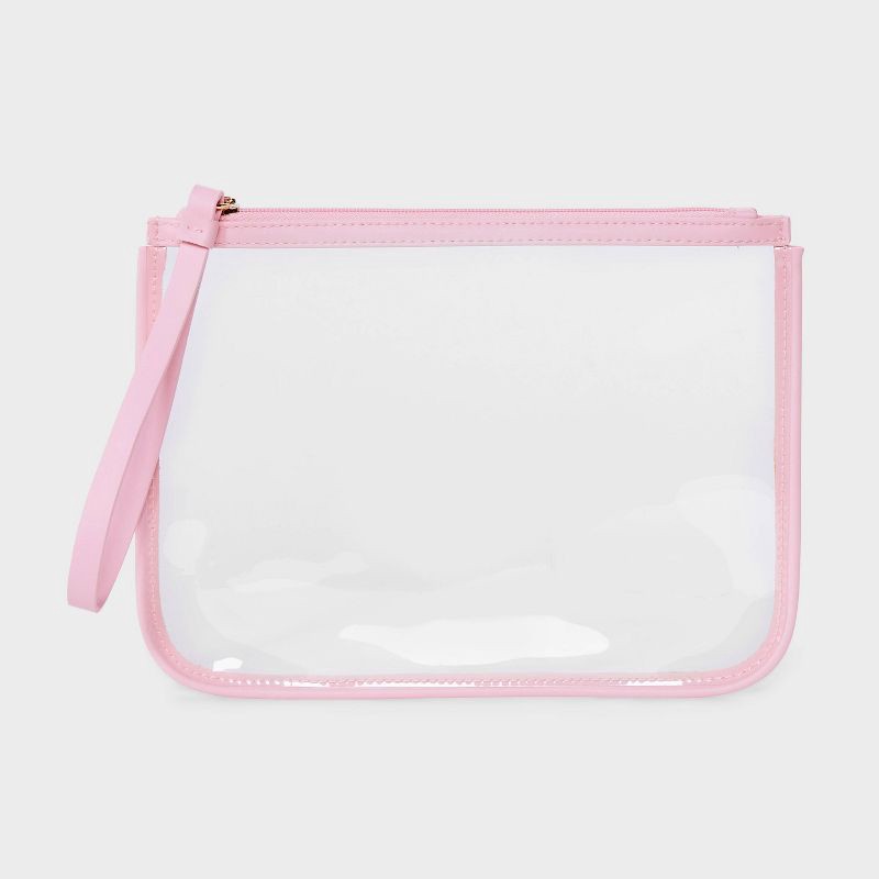 slide 1 of 4, Clear Pouch Wristlet - A New Day™ Pink: TPU Shell, Zip Closure, Faux Leather, 8.75"x6.375", 1 ct