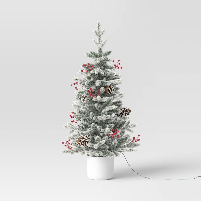 slide 3 of 5, 3.5' Pre-Lit Potted Flocked Balsam Artificial Christmas Tree with Berries and Pine Cones - Wondershop™, 1 ct