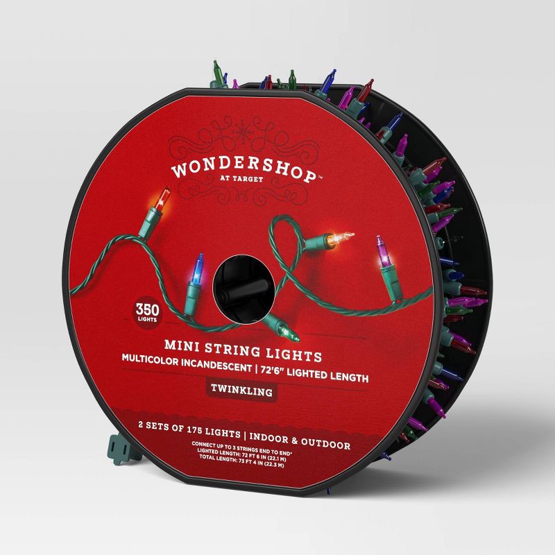 slide 5 of 5, 350ct Twinkling Incandescent Mini Christmas String Lights Multi-Color with Green Wire - Wondershop™, 350 ct
