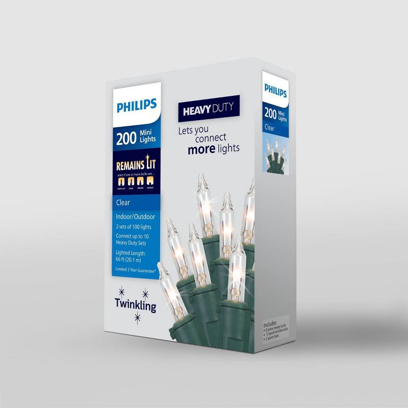 slide 4 of 5, 200ct Philips Heavy Duty Incandescent Indoor/Outdoor Miniature Twinkling String Lights Clear with Green Wire and Remains Lit Technology, 200 ct
