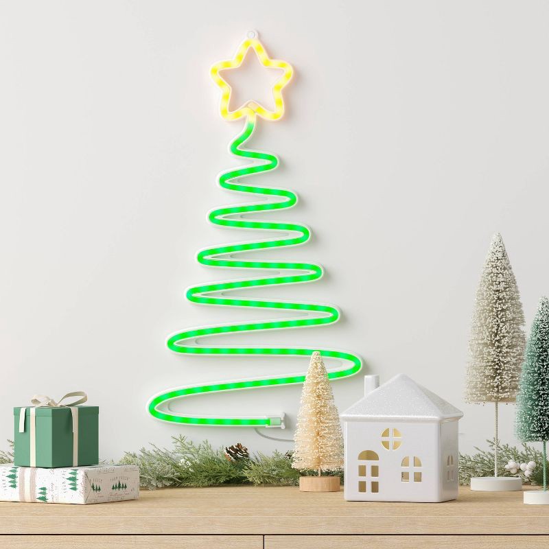 slide 2 of 4, LED Animated Neon Christmas Tree Hangable Sign Yellow/Green - Wondershop™, 1 ct
