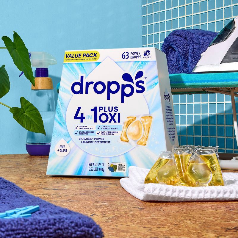 slide 11 of 12, Dropps Unscented Free & Clear 4-in-1 Plus Oxi Power Biobased HE Deep Cleaning Concentrated Laundry Detergent Pods 63 Pacs - 35.55oz, 35.55 oz