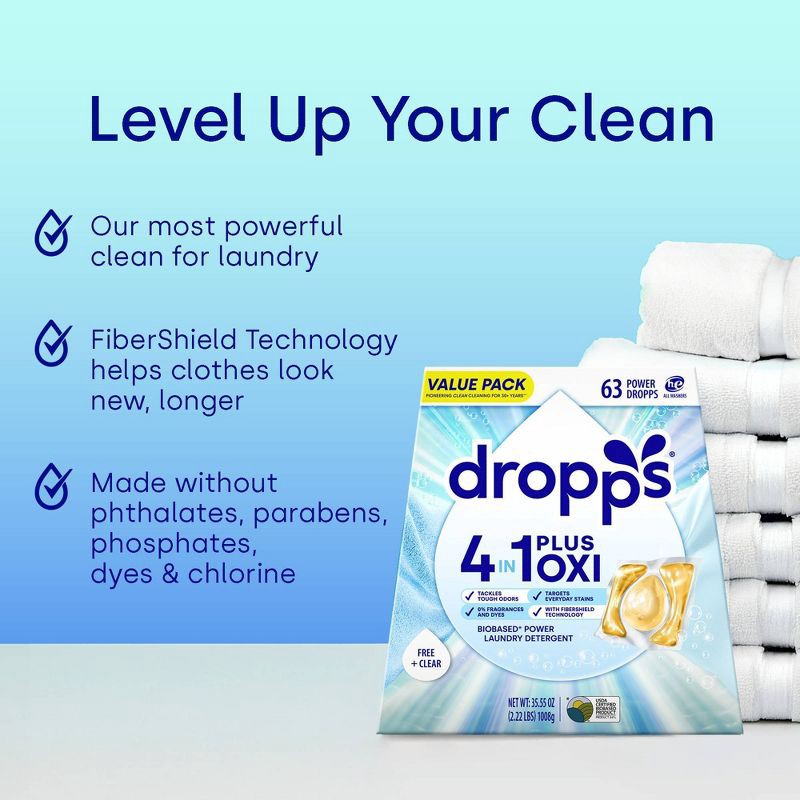slide 3 of 12, Dropps Unscented Free & Clear 4-in-1 Plus Oxi Power Biobased HE Deep Cleaning Concentrated Laundry Detergent Pods 63 Pacs - 35.55oz, 35.55 oz