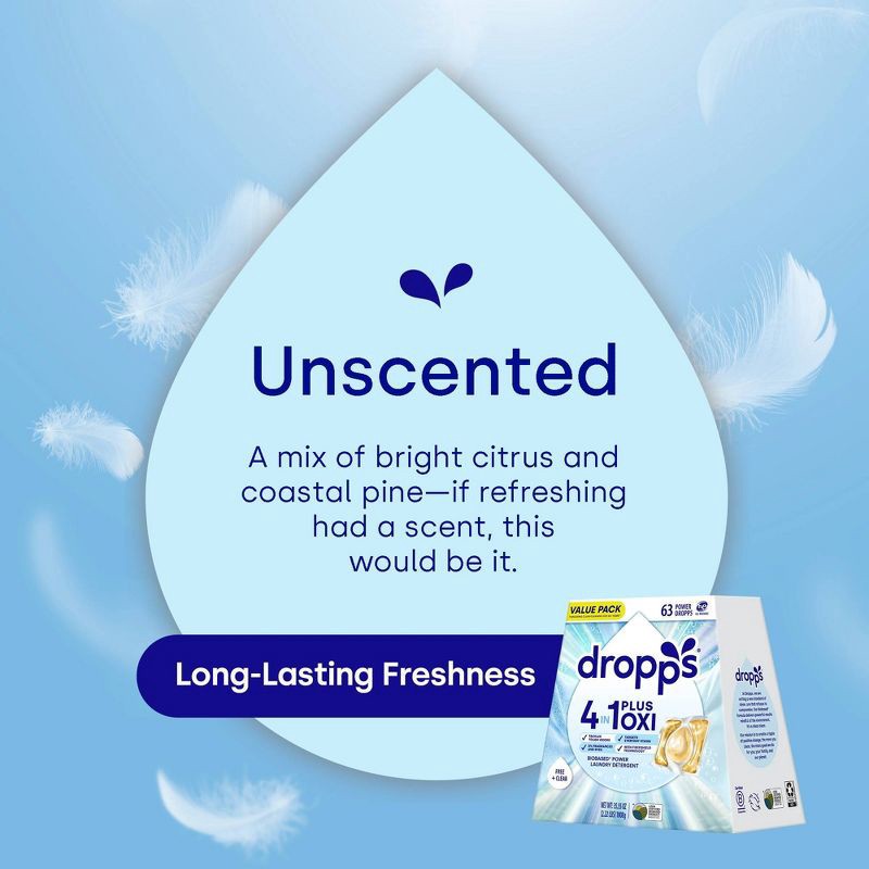 slide 7 of 12, Dropps Unscented Free & Clear 4-in-1 Plus Oxi Power Biobased HE Deep Cleaning Concentrated Laundry Detergent Pods 63 Pacs - 35.55oz, 35.55 oz