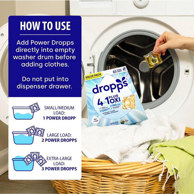 slide 8 of 12, Dropps Unscented Free & Clear 4-in-1 Plus Oxi Power Biobased HE Deep Cleaning Concentrated Laundry Detergent Pods 63 Pacs - 35.55oz, 35.55 oz