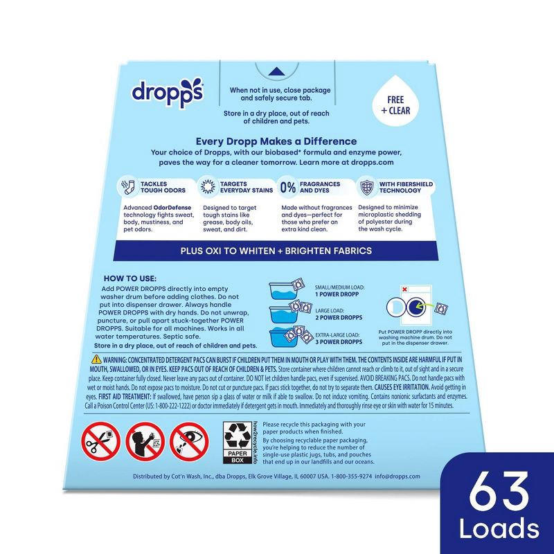 slide 9 of 12, Dropps Unscented Free & Clear 4-in-1 Plus Oxi Power Biobased HE Deep Cleaning Concentrated Laundry Detergent Pods 63 Pacs - 35.55oz, 35.55 oz