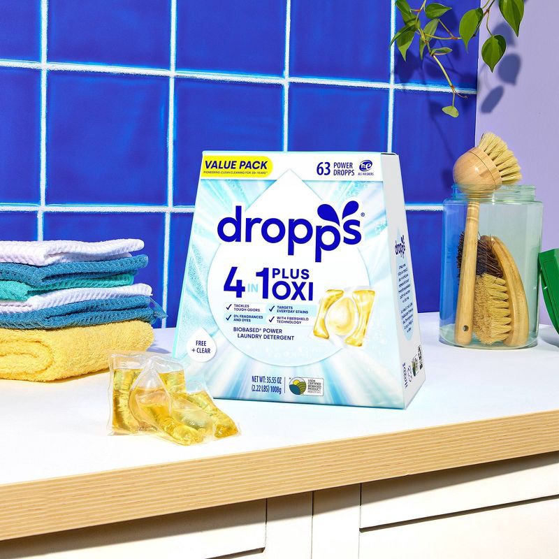 slide 10 of 12, Dropps Unscented Free & Clear 4-in-1 Plus Oxi Power Biobased HE Deep Cleaning Concentrated Laundry Detergent Pods 63 Pacs - 35.55oz, 35.55 oz