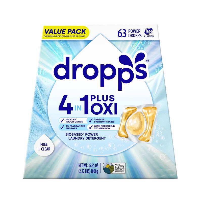 slide 2 of 12, Dropps Unscented Free & Clear 4-in-1 Plus Oxi Power Biobased HE Deep Cleaning Concentrated Laundry Detergent Pods 63 Pacs - 35.55oz, 35.55 oz