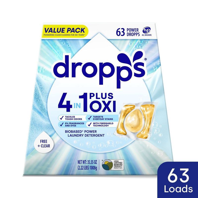 slide 1 of 12, Dropps Unscented Free & Clear 4-in-1 Plus Oxi Power Biobased HE Deep Cleaning Concentrated Laundry Detergent Pods 63 Pacs - 35.55oz, 35.55 oz