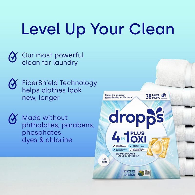 slide 4 of 11, Dropps Unscented Free & Clear 4-in-1 Plus Oxi Power Biobased HE Deep Cleaning Concentrated Laundry Detergent Pods 38 Pacs - 21.44oz, 21.44 oz