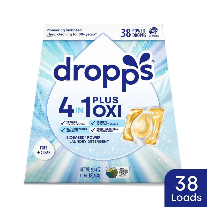 slide 1 of 11, Dropps Unscented Free & Clear 4-in-1 Plus Oxi Power Biobased HE Deep Cleaning Concentrated Laundry Detergent Pods 38 Pacs - 21.44oz, 21.44 oz
