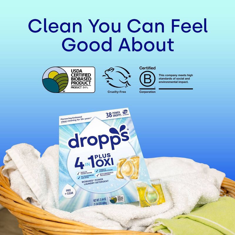 slide 5 of 11, Dropps Unscented Free & Clear 4-in-1 Plus Oxi Power Biobased HE Deep Cleaning Concentrated Laundry Detergent Pods 38 Pacs - 21.44oz, 21.44 oz