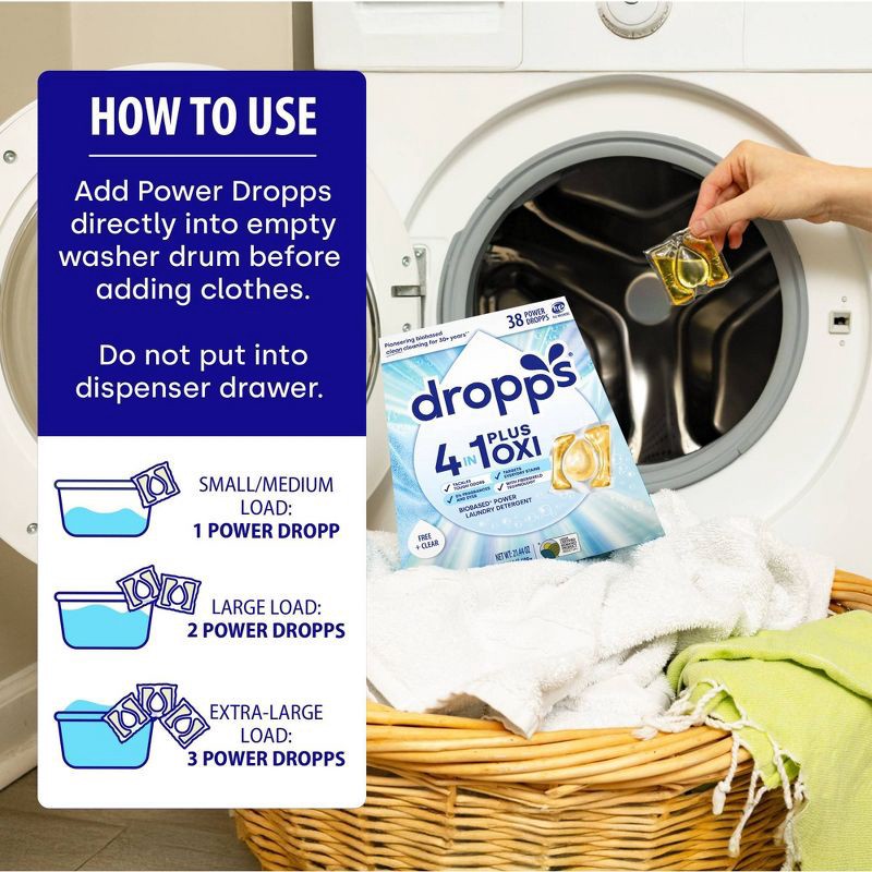slide 9 of 11, Dropps Unscented Free & Clear 4-in-1 Plus Oxi Power Biobased HE Deep Cleaning Concentrated Laundry Detergent Pods 38 Pacs - 21.44oz, 21.44 oz