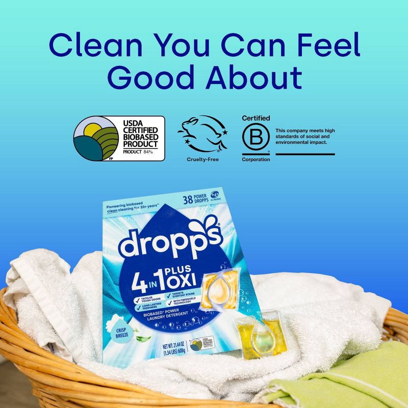 slide 5 of 11, Dropps Crisp Breeze 4-in-1 Plus Oxi Power Biobased HE Deep Cleaning Concentrated Laundry Detergent Pods 38 Pacs - 21.44oz, 21.44 oz