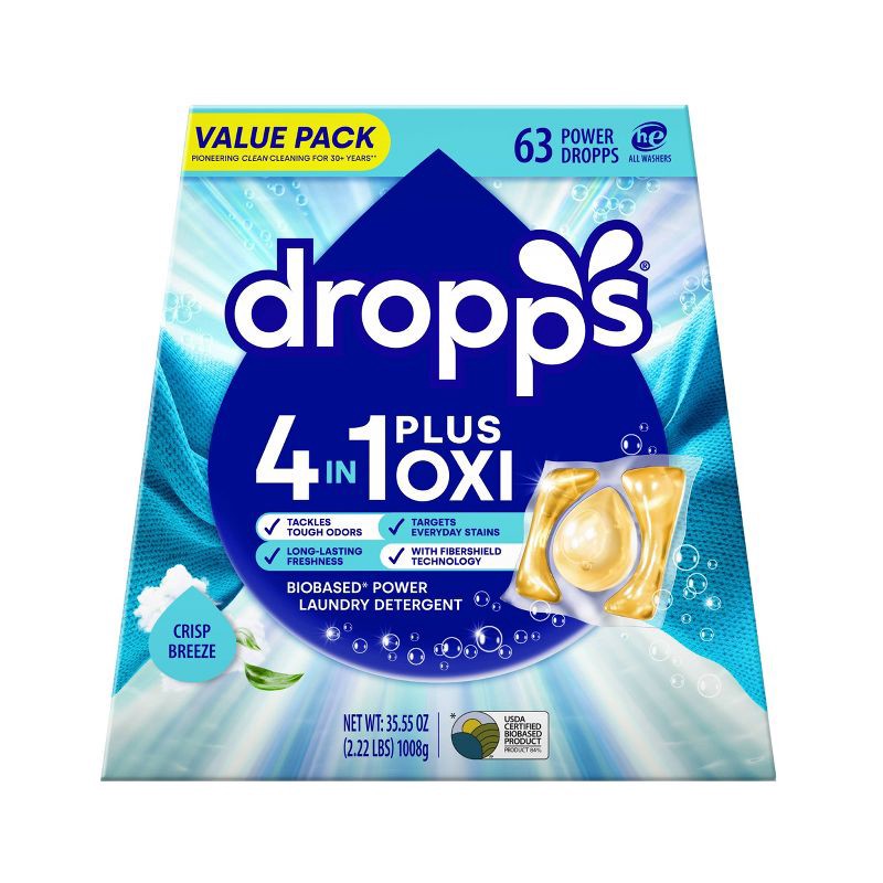 slide 2 of 11, Dropps Crisp Breeze 4-in-1 Plus Oxi Power Biobased HE Deep Cleaning Concentrated Laundry Detergent Pods 63 Pacs - 35.55oz, 35.55 oz