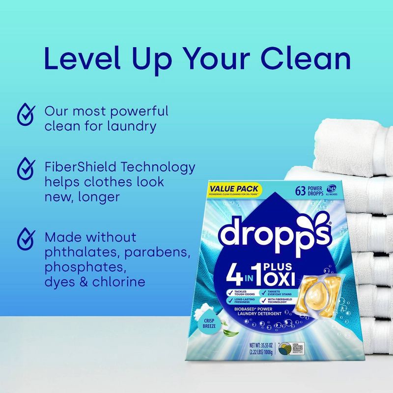 slide 4 of 11, Dropps Crisp Breeze 4-in-1 Plus Oxi Power Biobased HE Deep Cleaning Concentrated Laundry Detergent Pods 63 Pacs - 35.55oz, 35.55 oz