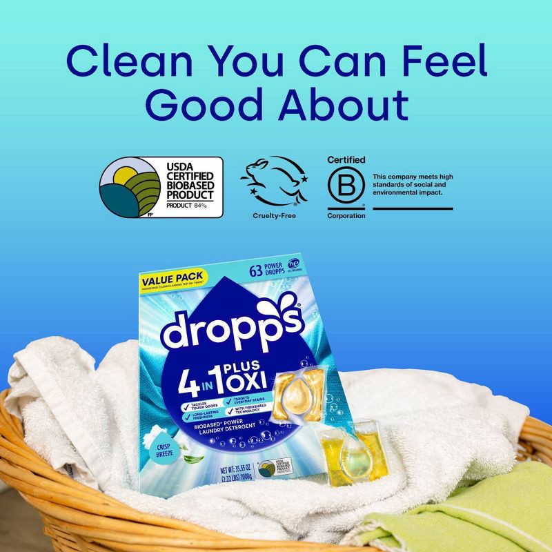 slide 5 of 11, Dropps Crisp Breeze 4-in-1 Plus Oxi Power Biobased HE Deep Cleaning Concentrated Laundry Detergent Pods 63 Pacs - 35.55oz, 35.55 oz