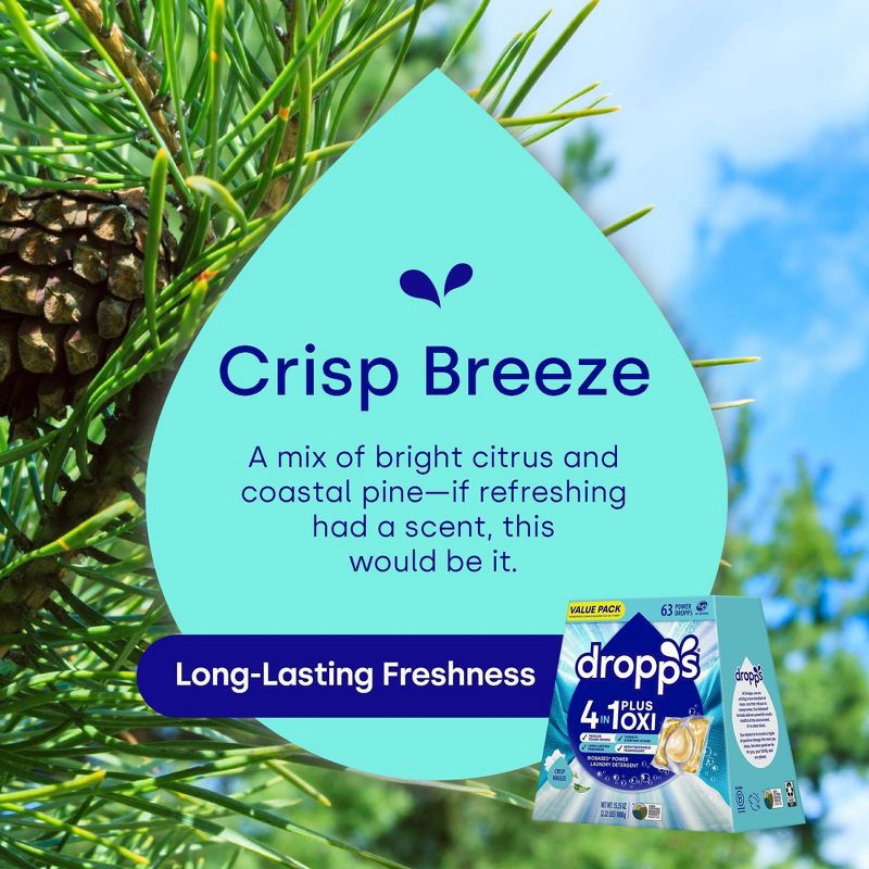 slide 8 of 11, Dropps Crisp Breeze 4-in-1 Plus Oxi Power Biobased HE Deep Cleaning Concentrated Laundry Detergent Pods 63 Pacs - 35.55oz, 35.55 oz