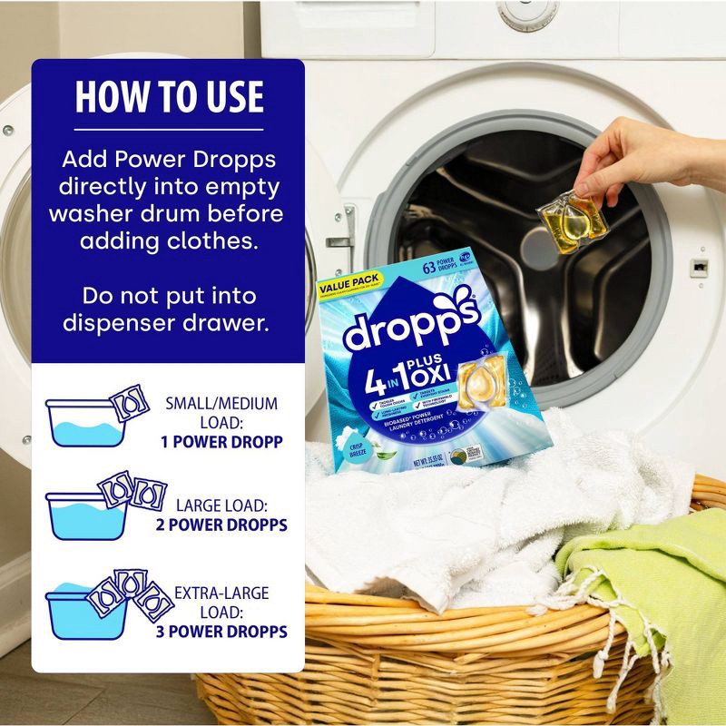slide 9 of 11, Dropps Crisp Breeze 4-in-1 Plus Oxi Power Biobased HE Deep Cleaning Concentrated Laundry Detergent Pods 63 Pacs - 35.55oz, 35.55 oz