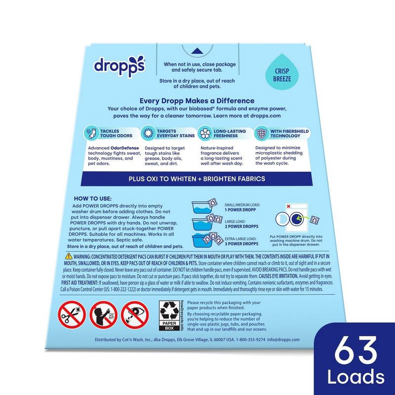 slide 10 of 11, Dropps Crisp Breeze 4-in-1 Plus Oxi Power Biobased HE Deep Cleaning Concentrated Laundry Detergent Pods 63 Pacs - 35.55oz, 35.55 oz