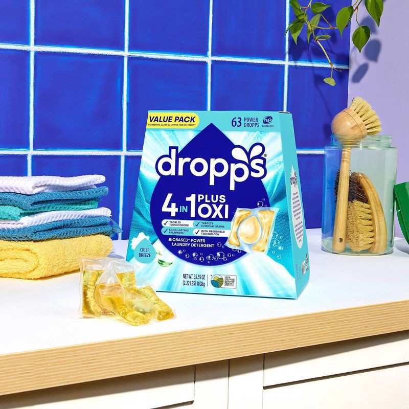 slide 11 of 11, Dropps Crisp Breeze 4-in-1 Plus Oxi Power Biobased HE Deep Cleaning Concentrated Laundry Detergent Pods 63 Pacs - 35.55oz, 35.55 oz