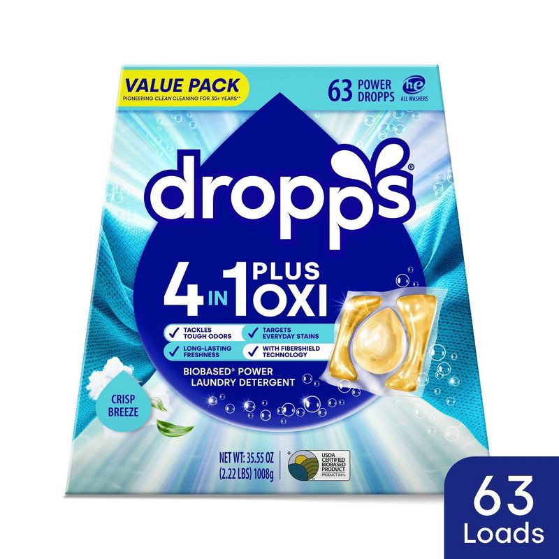 slide 1 of 11, Dropps Crisp Breeze 4-in-1 Plus Oxi Power Biobased HE Deep Cleaning Concentrated Laundry Detergent Pods 63 Pacs - 35.55oz, 35.55 oz