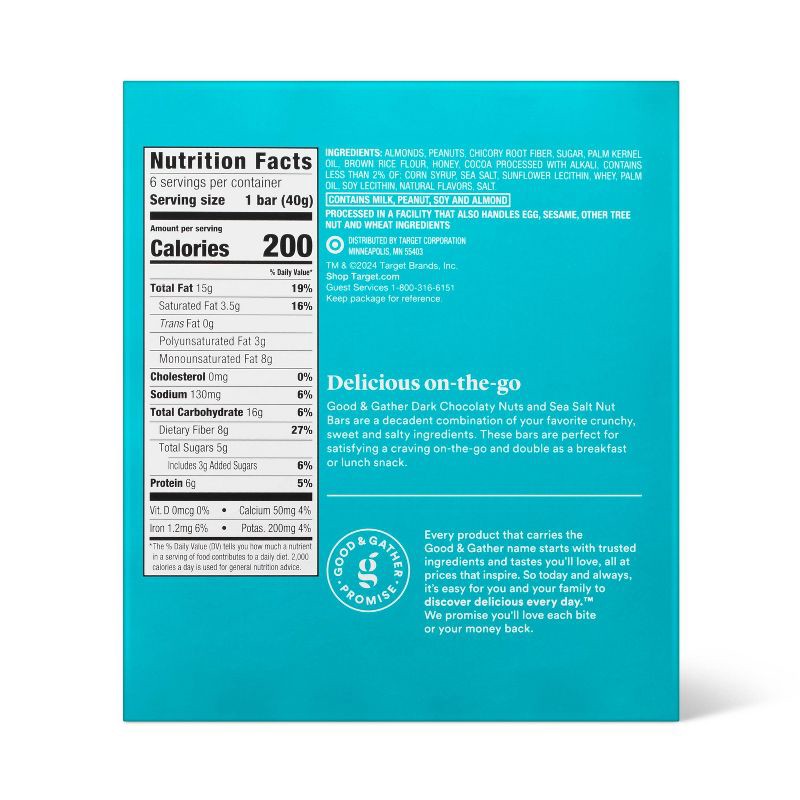 slide 2 of 5, Dark Chocolaty Nuts & Sea Salt with Other Natural Flavors Nut Bars - 6g Protein - 8.4oz/6ct - Good & Gather™, 6 gram, 8.4 oz, 6 ct