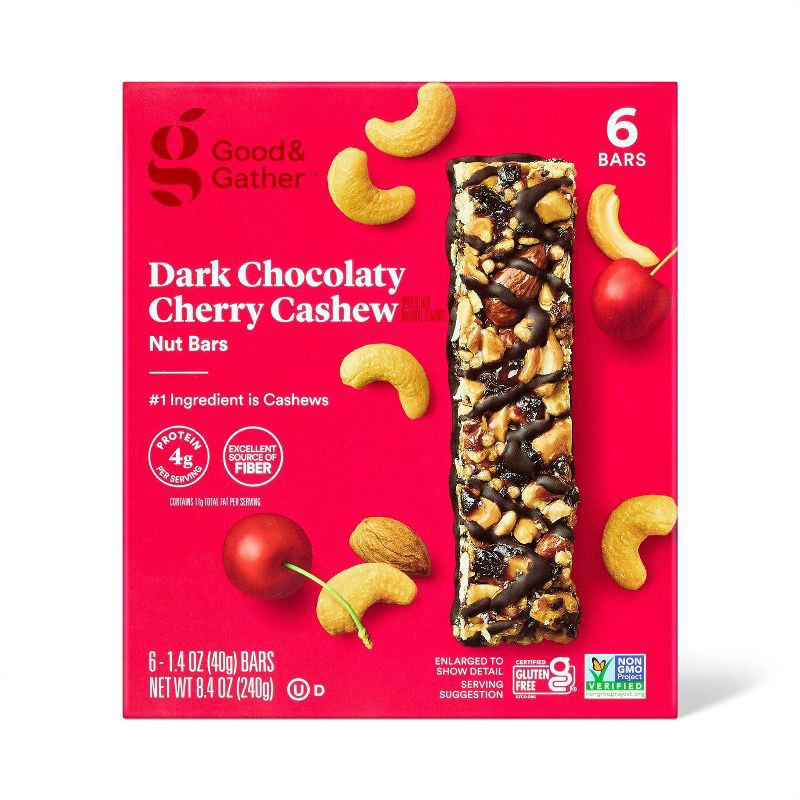 slide 1 of 5, Dark Chocolaty Cherry Cashew with Other Natural Flavors Nut Bars - 8.4oz/6ct - Good & Gather™, 6 ct; 8.4 oz