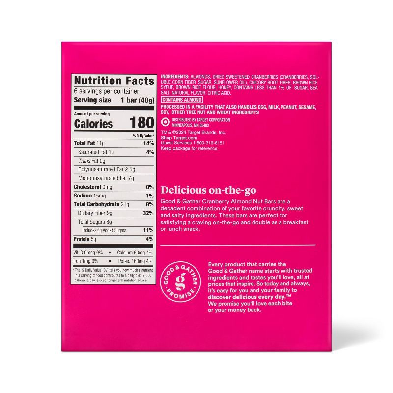 slide 2 of 5, Cranberry Almond with Other Natural Flavors Nut Bars - 5g Protein - 8.4oz/6ct - Good & Gather™, 5 gram, 8.4 oz, 6 ct