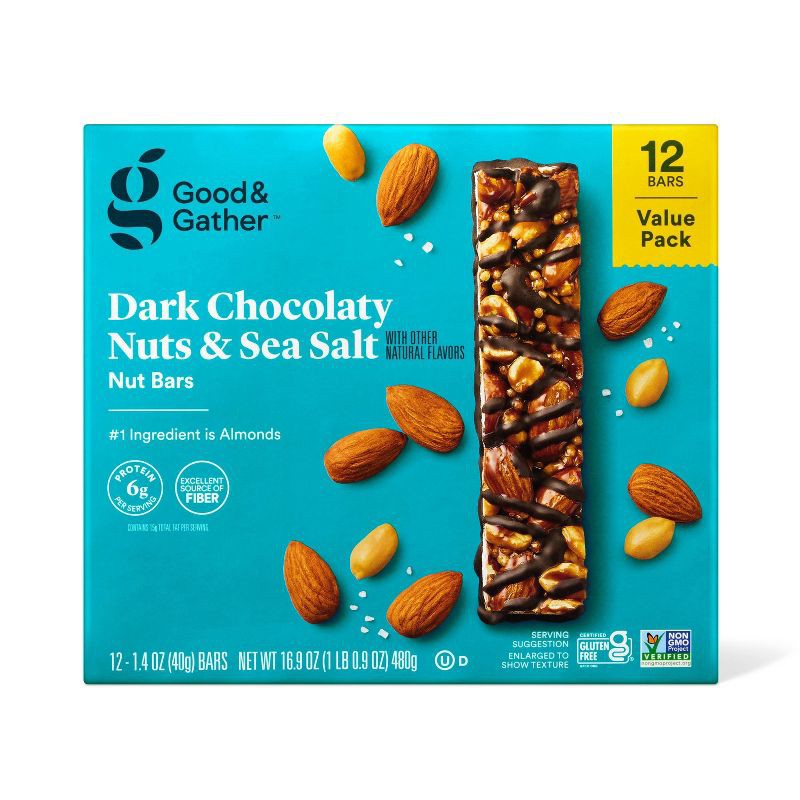 slide 1 of 5, Dark Chocolaty Nuts & Sea Salt with Other Natural Flavors Nut Bars Value Pack - 6g Protein - 16.8oz/12ct - Good & Gather™, 6 gram, 16.8 oz, 12 ct