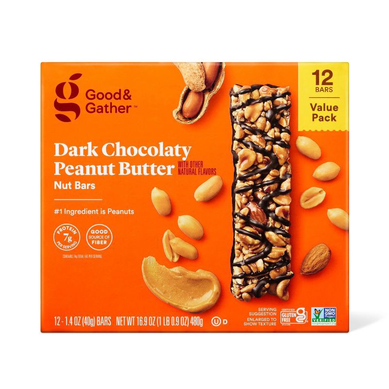 slide 1 of 5, Dark Chocolaty Peanut Butter with Other Natural Flavors Nut Bars - 7g Protein - 16.8oz/12ct - Good & Gather™, 7 gram, 16.8 oz, 12 ct