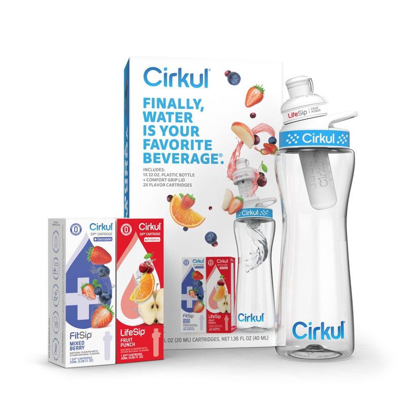 slide 1 of 8, Cirkul Plastic Bottle with Blue Lid and 2 Flavor Cartridges (LifeSip Fruit Punch and FitSip Mixed Berry) - 22oz, 22 oz