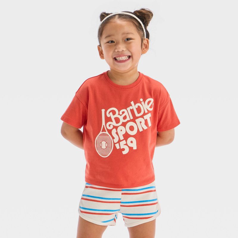 slide 3 of 4, Toddler Girls' 2pc Mattel Barbie Sporty Retro T-Shirt & Striped Shorts Set - Red 5T, 2 ct